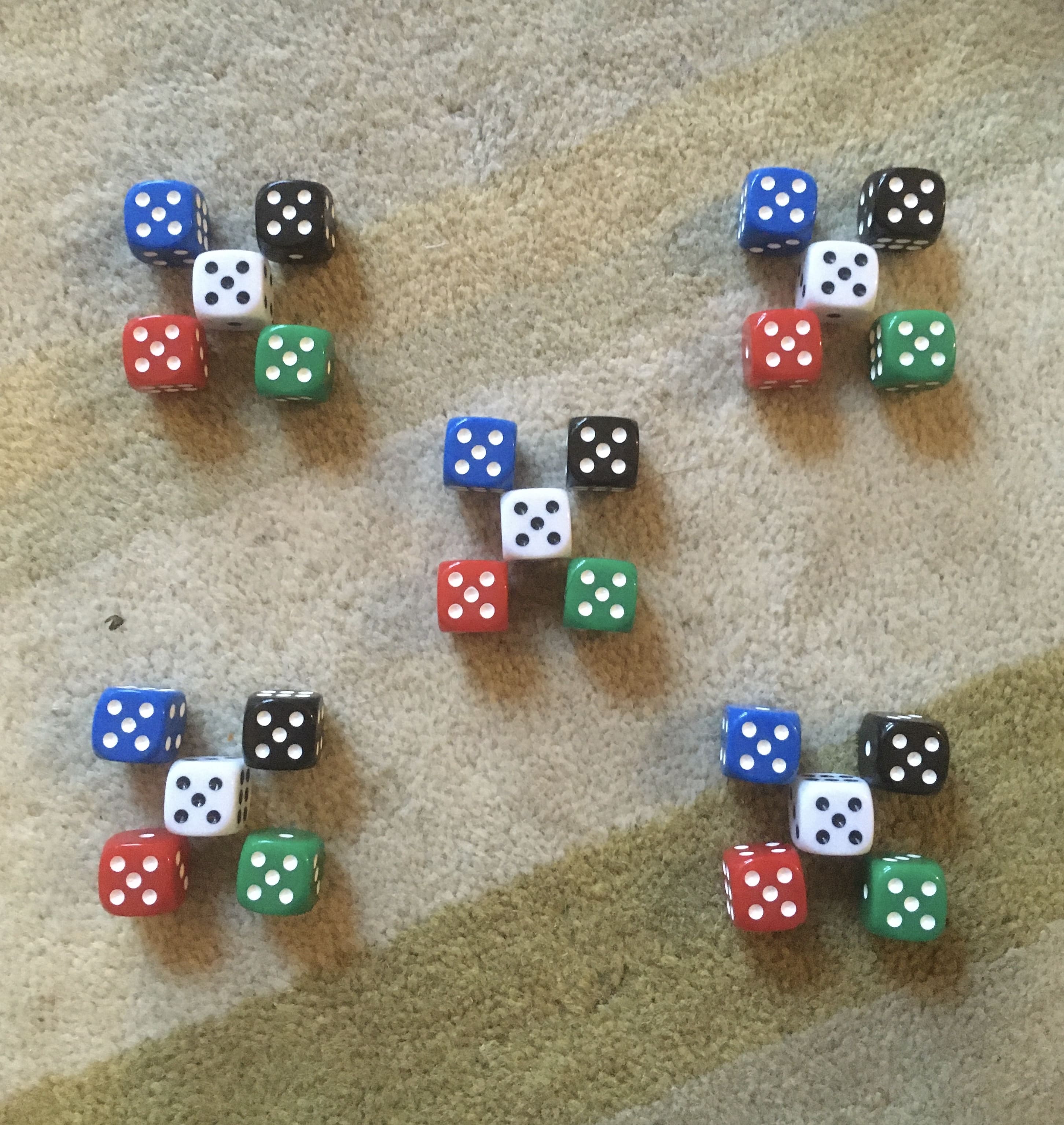 Image Description: 25 dice arranged into groups of 5, each with 5 spots showing